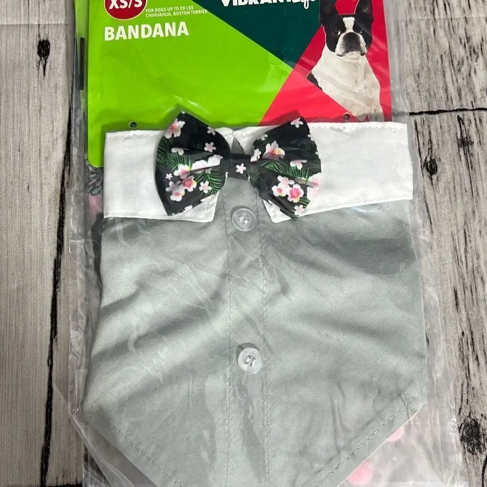 Vibrant Life Pom Edge Floral Black Tuxedo Style Gray Dog Bandana XS Lot of 2 NWT